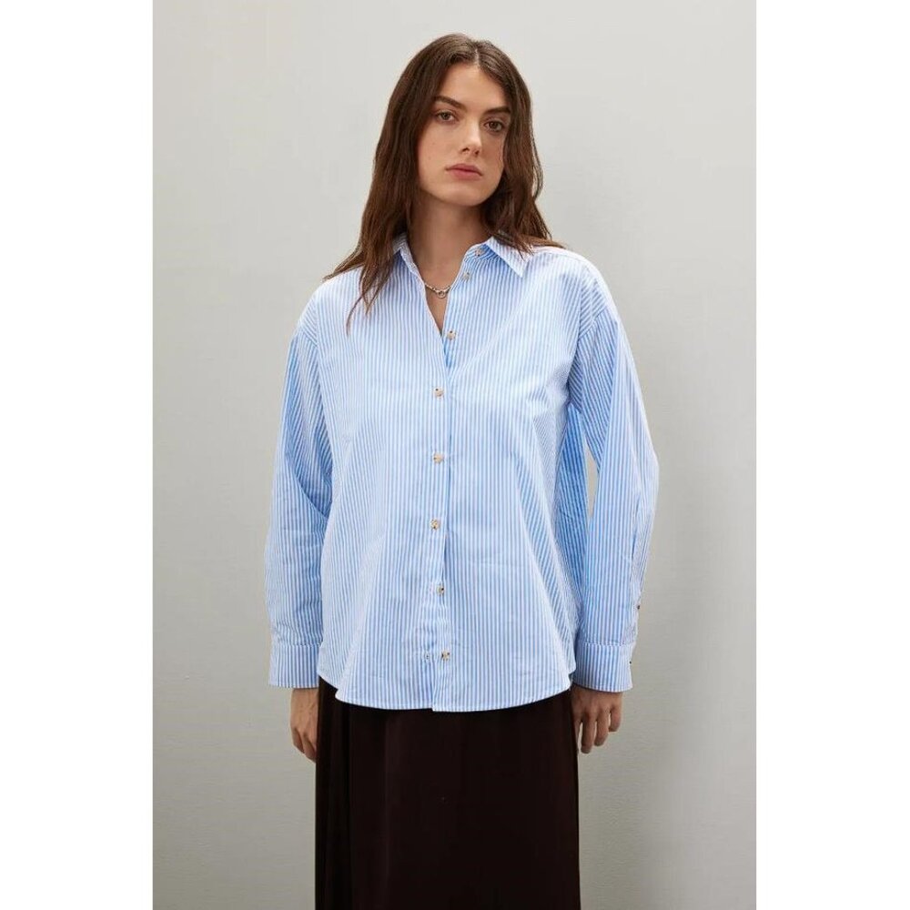 DONNI. Blue and White Striped Button Down Shirt